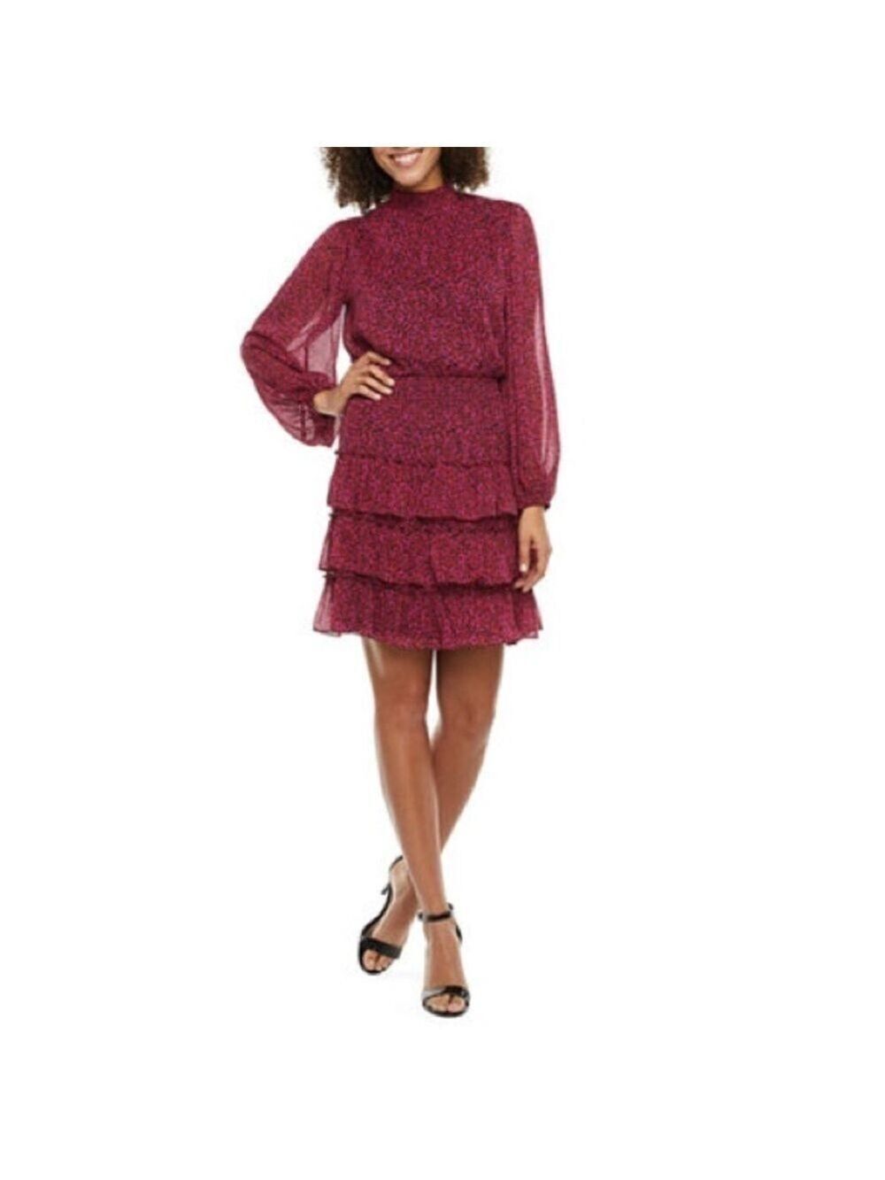 Sam and Jess Long Sleeve Floral Smock Neck a-Line Tiered Ruffle Dress